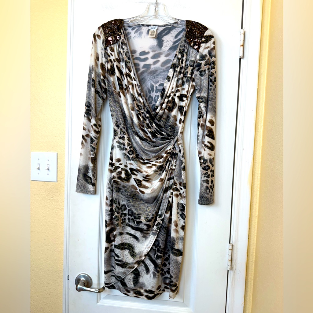 Cach Vintage Y2k 00’s Beaded Animal Print Leopard Cheetah Wrap Midi Dress